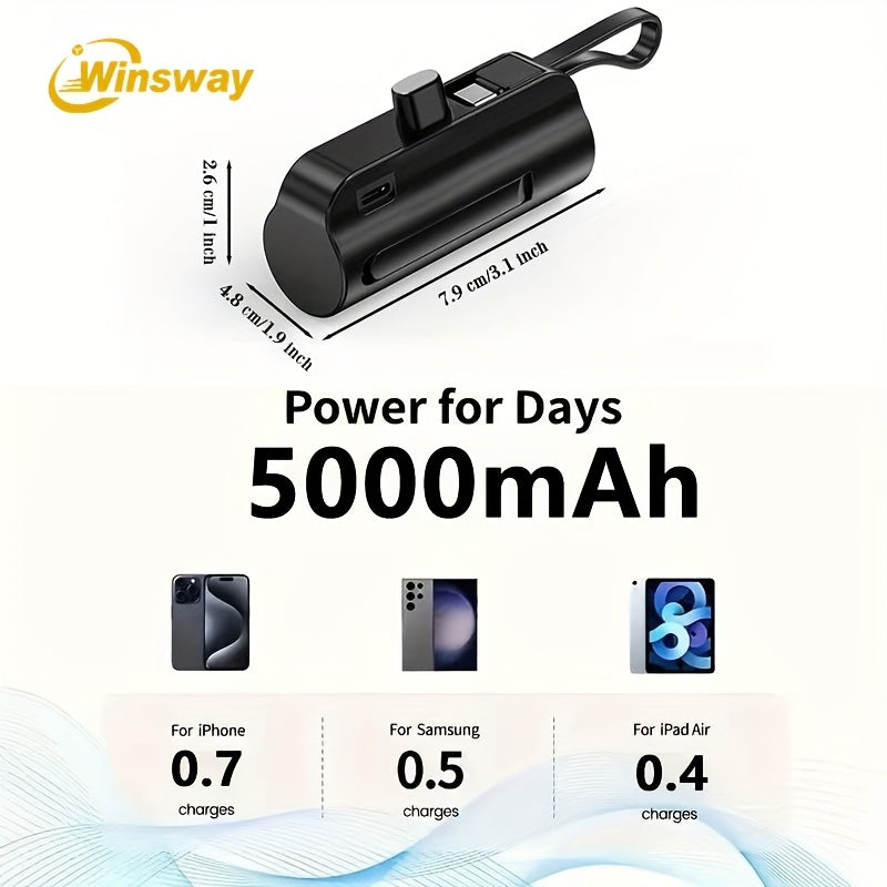 WINSWAY雙口5000毫安膠囊迷你口袋移動電源，便攜快速充電無線手機支架充電器，附Type-C資料線，支援同時為兩部手機充電，相容安卓、三星等裝置，適合旅行、飛機及假日使用。是送給愛美女友的必備好禮