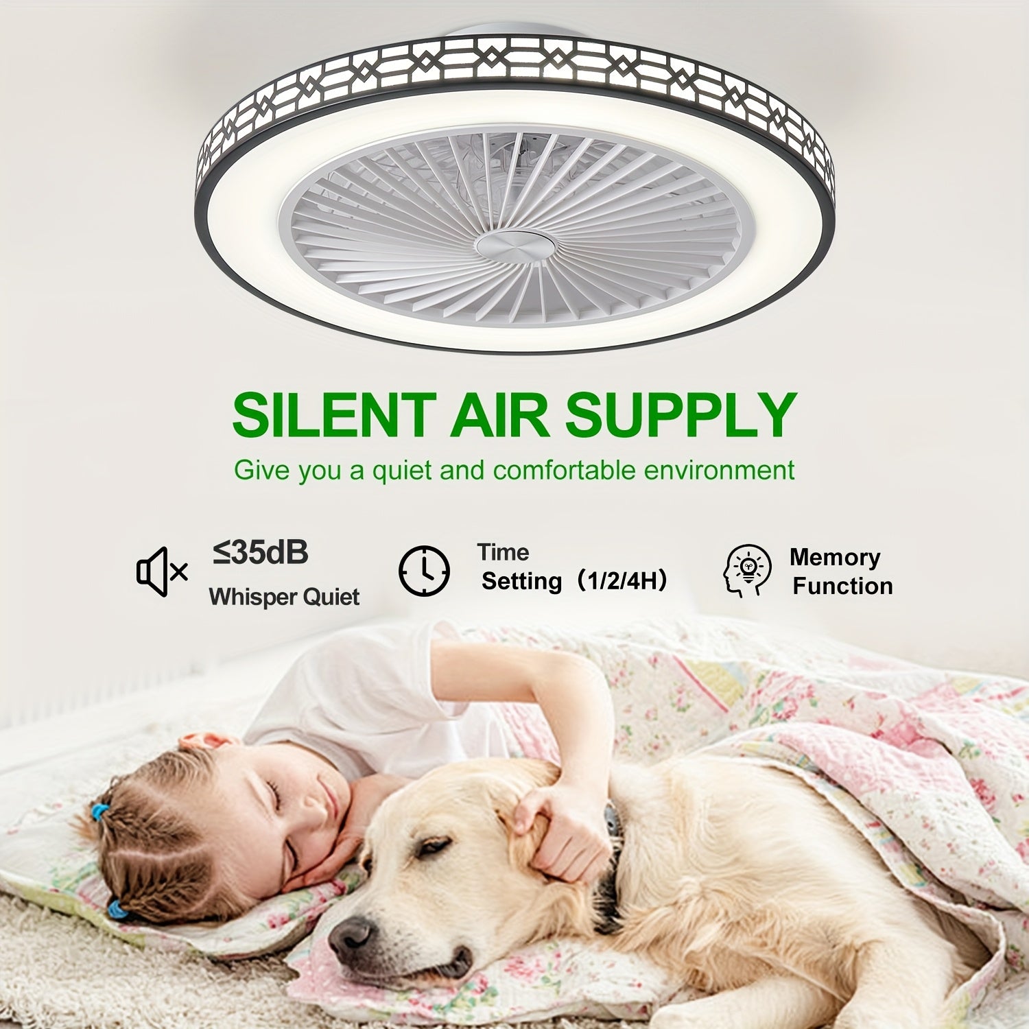 20 Inch Modern LED Ceiling Fan Light, Embedded Mount Design with Adjustable 3000K-6500K Lighting, Reversible Airflow for Better Air Circulation, Ideal for Office, Study, Bedroom and Indoor Spaces, Ceiling Fan Lamp
