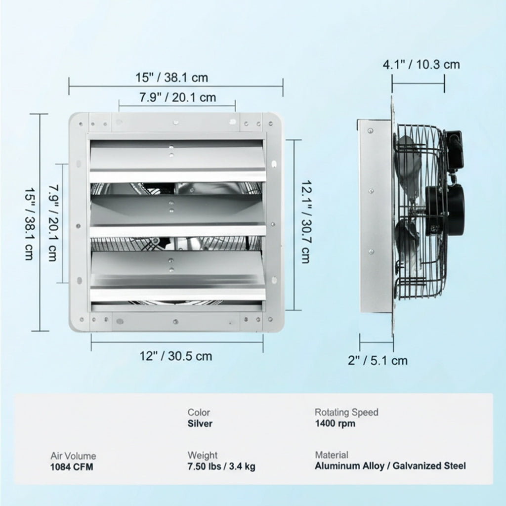 305mm Shutter Exhaust Fan | 1400RPM 1084CFM AC Motor, Wall Mount Attic Vent Fan, 7.5LB, 110V, Limited Time Offer