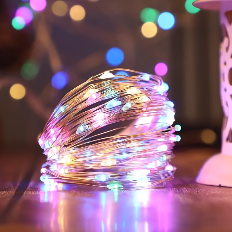 USB灯串 | 66FT 200LED, 33Ft 100 LED, 16.4FT 50LED 变色银丝灯，带8种照明模式遥控器，适用于工艺品卧室天花板圣诞装饰，彩色铜丝灯，USB供电，包含纽扣电池