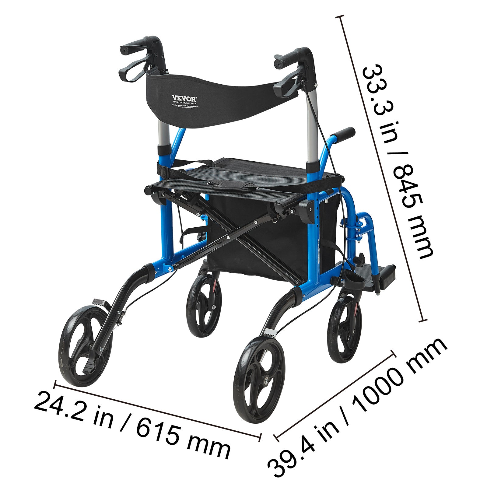 VEVOR 2合1助行器与轮椅，折叠式滚轮助行器，带脚踏，轻质铝合金，带可调节手柄，多地形轮，300磅承重，黑色/红色/蓝色