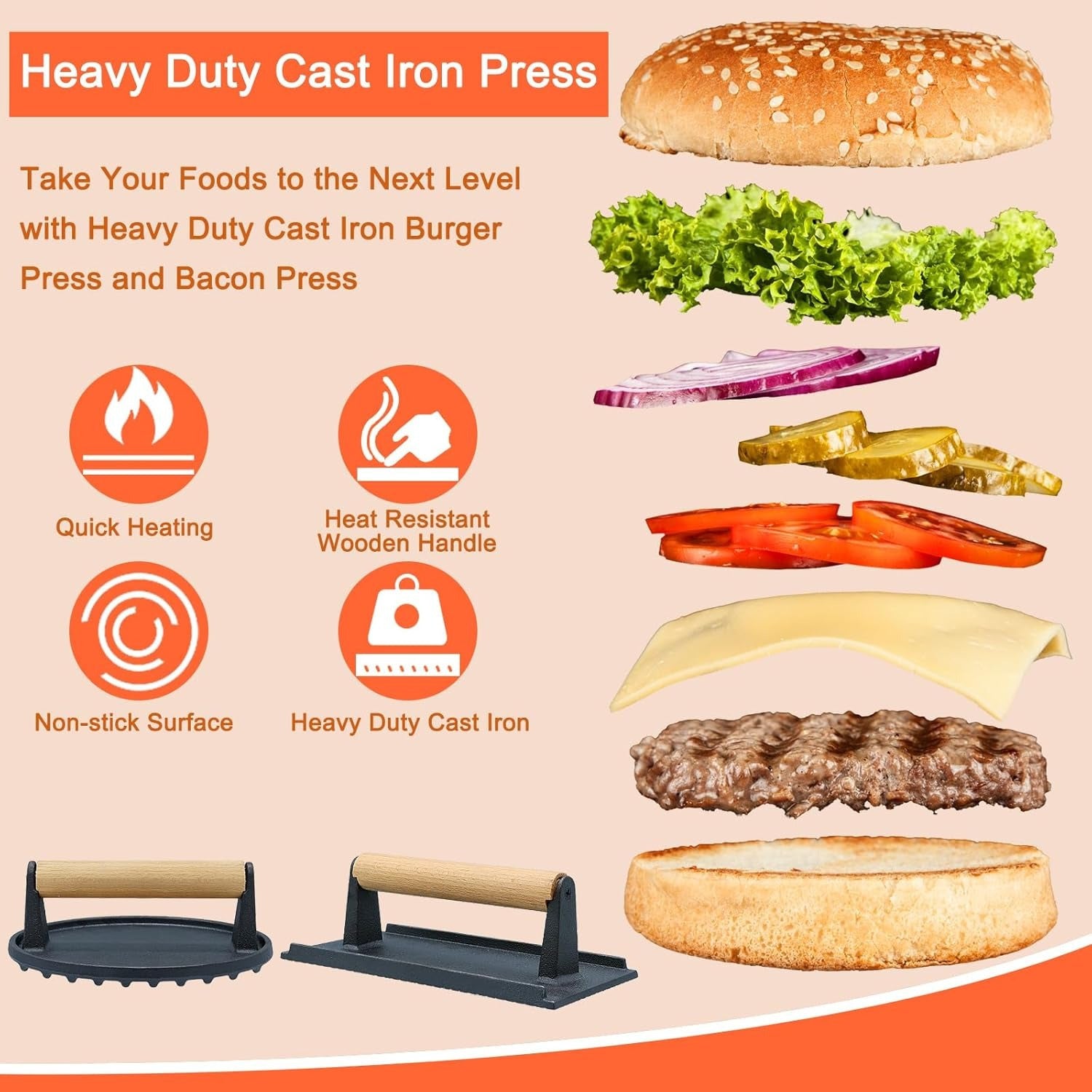 Cast Iron Meat Press Plate, Rectangular Round Striped Grid Grill Press for Steak and Barbecue, Uncoated with Beech Wood Handle