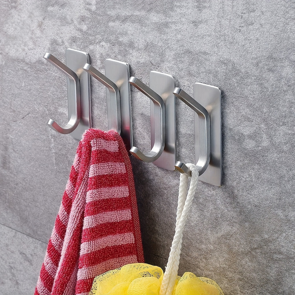 2 or 4 Pack No-Drill Adhesive Hooks - Stainless Steel for Clothes, Towels, Robes, Hats, Keys - Bathroom, Toilet, Bedroom, Dorm, Kitchen, Garage Storage