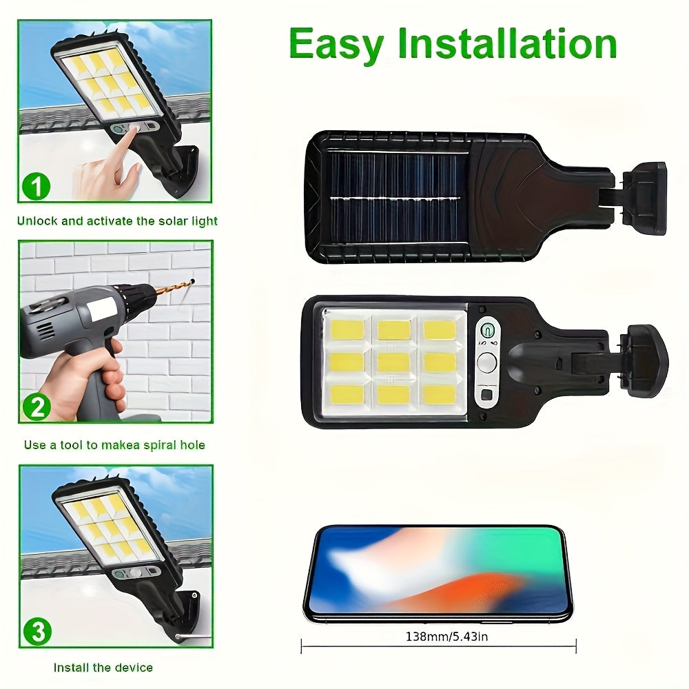 1 Smart Motion Activated Solar Light, Perfect for Commercial Streets and Areas, High Brightness LED Solar Wall Lighting, Rechargeable COB Street Light, with Three Outdoor Decorative Lighting Modes for Deck Security Purposes