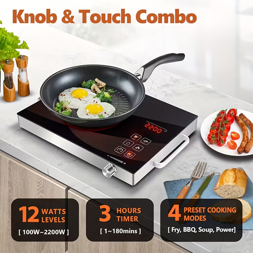 110V Portable Electric Hot Plate, Infrared Heating Plate, Knob Control, Single Burner Countertop Stove with Handle, 3-Hour Timer, Compatible with All Types of Cookware