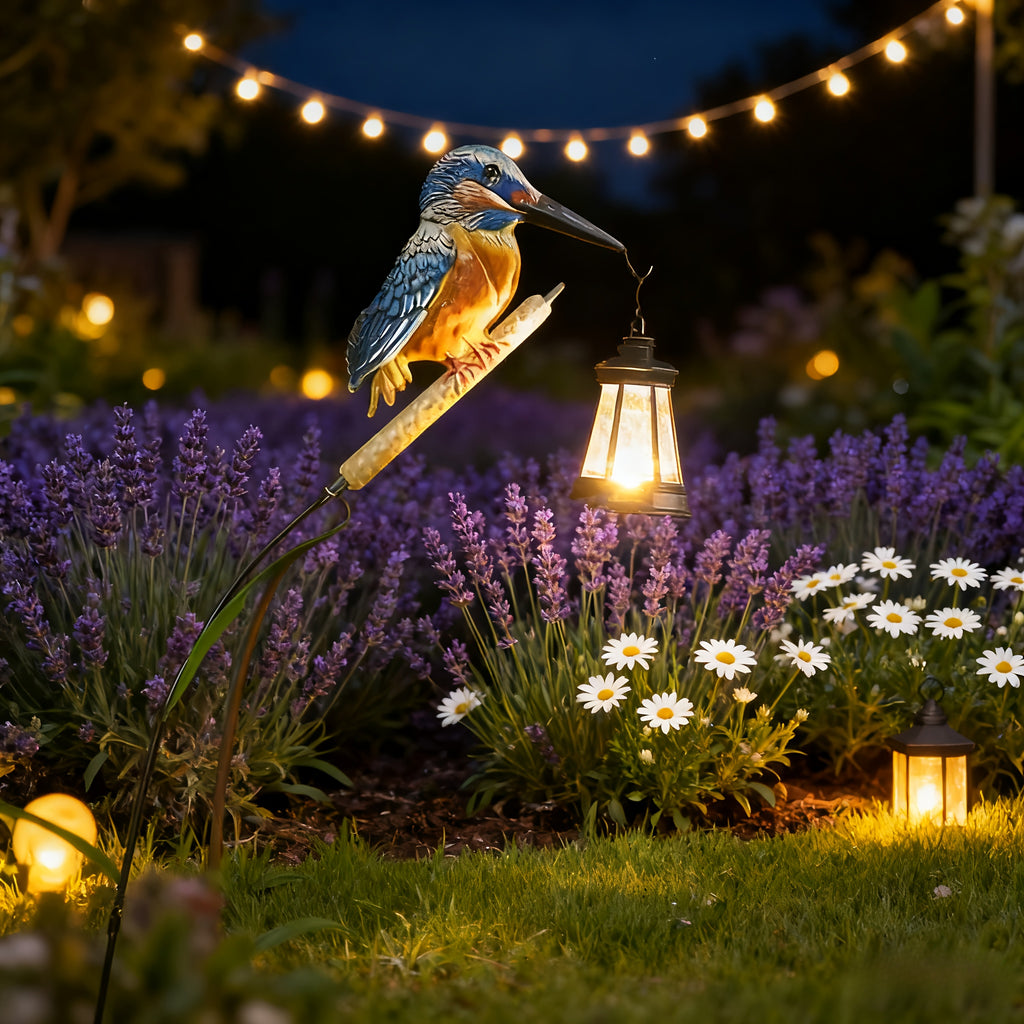 New Outdoor Solar Kingfisher Hanging Lantern Courtyard Lawn Light, Swaying Reed Design Natural and Vivid, Suitable for Garden Lawn Farm Path Courtyard Decoration, Warm White or Colorful Light, Best Holiday Gift for Family and Friends