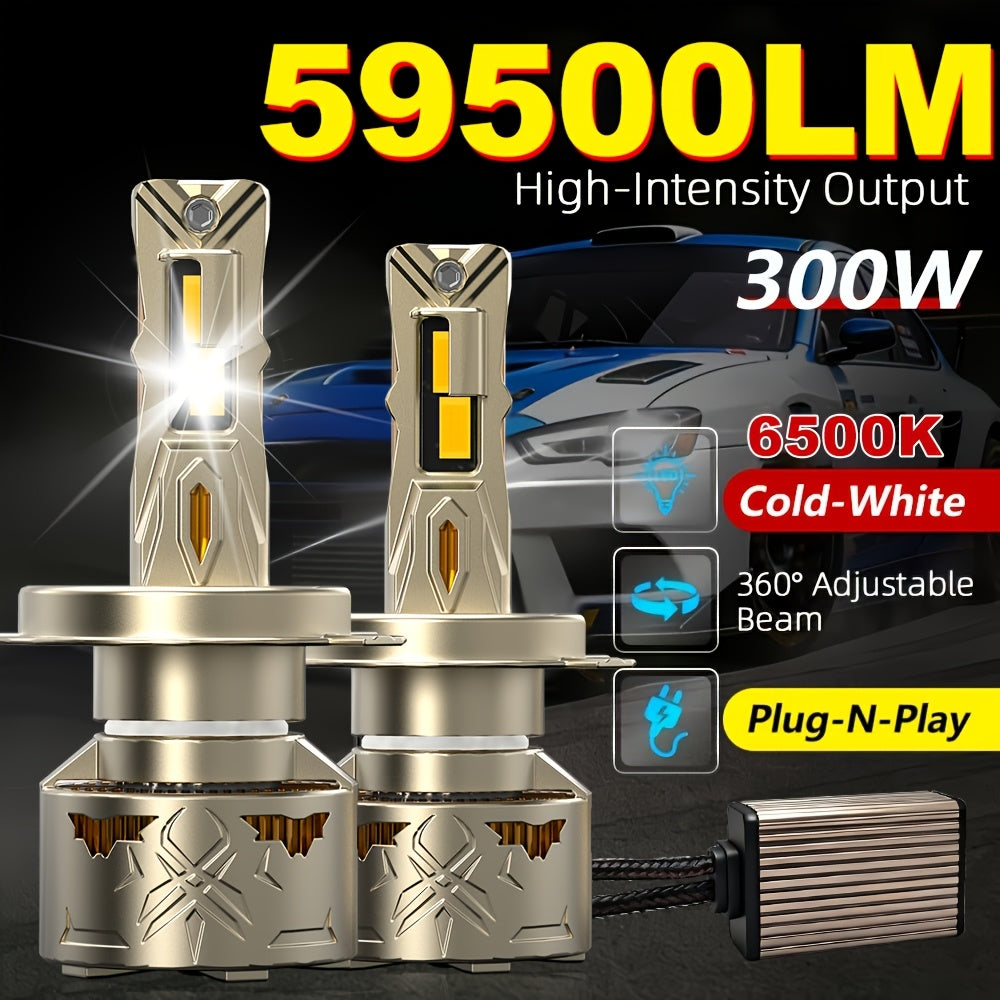 2-Pack H11 Car LED Headlights, Super Bright LED Front Lights, 59,500 Lumens, 300W, 6500K White Light, Compatible with H1, H4, 9003, HB2, H7, H18, H8, H9, H11, H16, 9005, HB3, 9006, HB4, 9012, HIR2, No Battery Needed, Plug-and-Play, CANBUS Error-Free