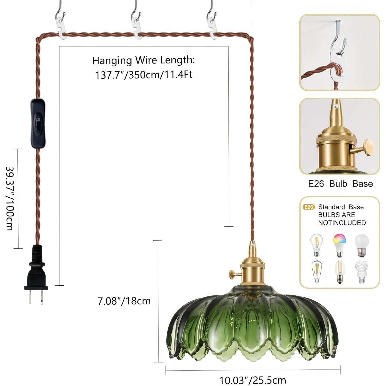 Green Glass Pendant Light with US Plug, Exquisite Handmade Craftsmanship, Unique Color, E26 Base, Suitable for Kitchen Island, Bedroom, Dining Room, Living Room