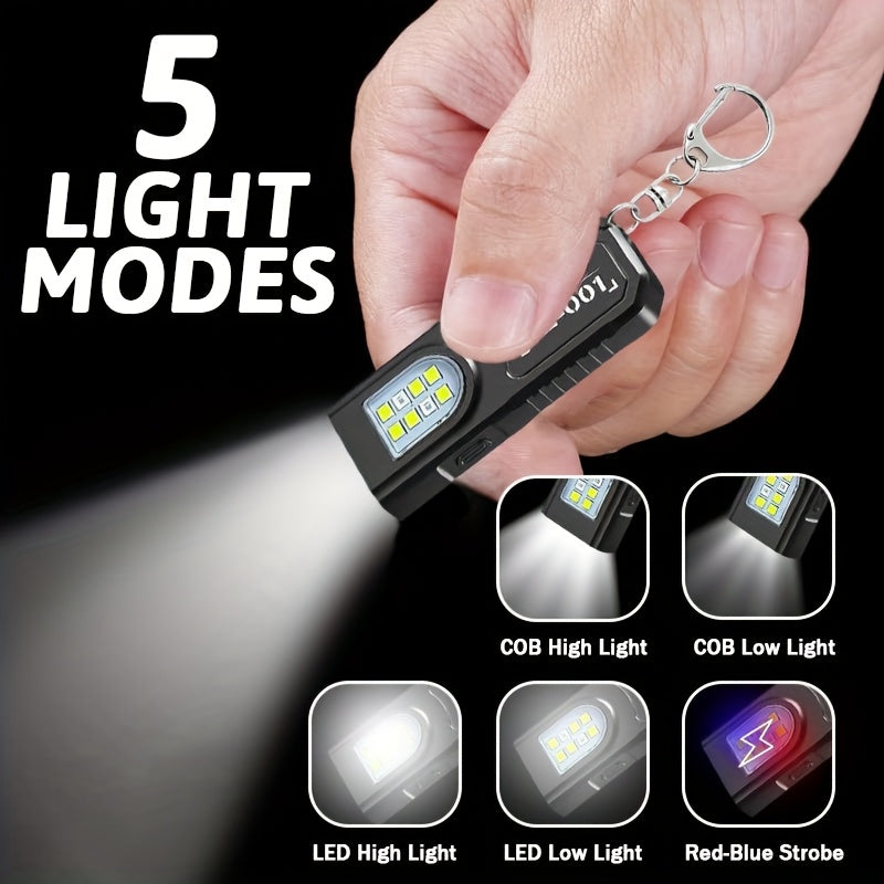 1Pc Mini USB Rechargeable Hands-Free Flashlight, Small Keychain Light, Clip-On Headlamp, 5 Lighting Modes Multifunctional Emergency Lantern, Hanging Tent Light, Perfect for Travel, Camping and Fishing