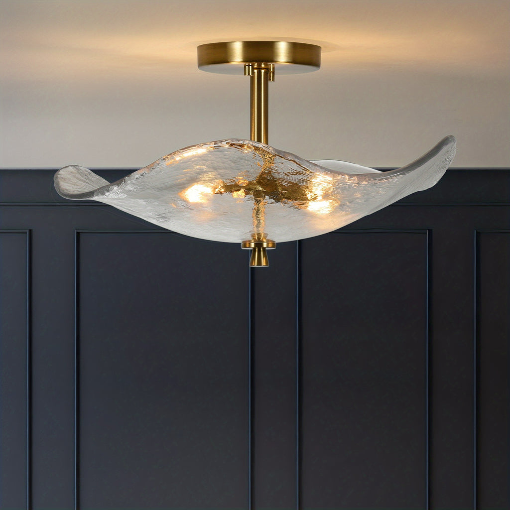 16.5-inch modern semi-flush mount ceiling light (gold), dual-light ceiling light, elegant near-ceiling lighting, with water lily-shaped clear glass lampshade, suitable for bedroom, dining room, entryway and bathroom (E12 base, bulb not included)