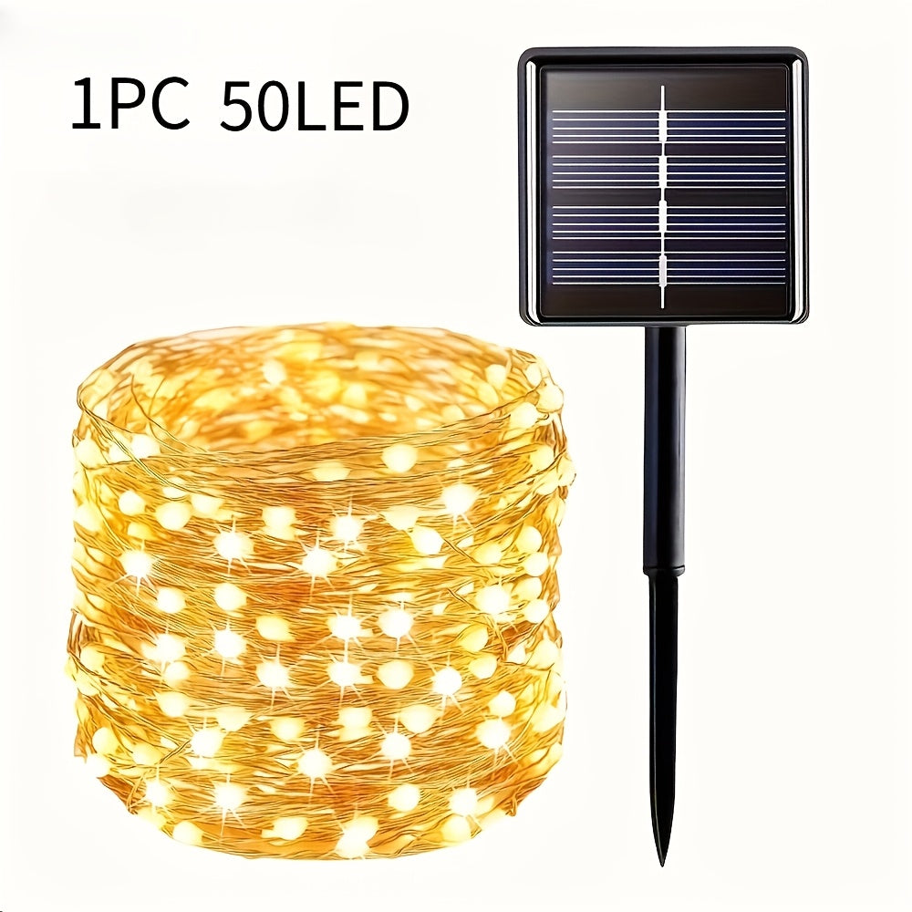 1件装太阳能户外灯串 秋季户外太阳能铜线灯串。300/200/100/50颗LED灯珠，适用于派对、生日、婚礼、花园、庭院装饰及景观照明、树木、圣诞节、万圣节的理想礼品。提供暖光/彩光/白光三种光效，防护等级IP44