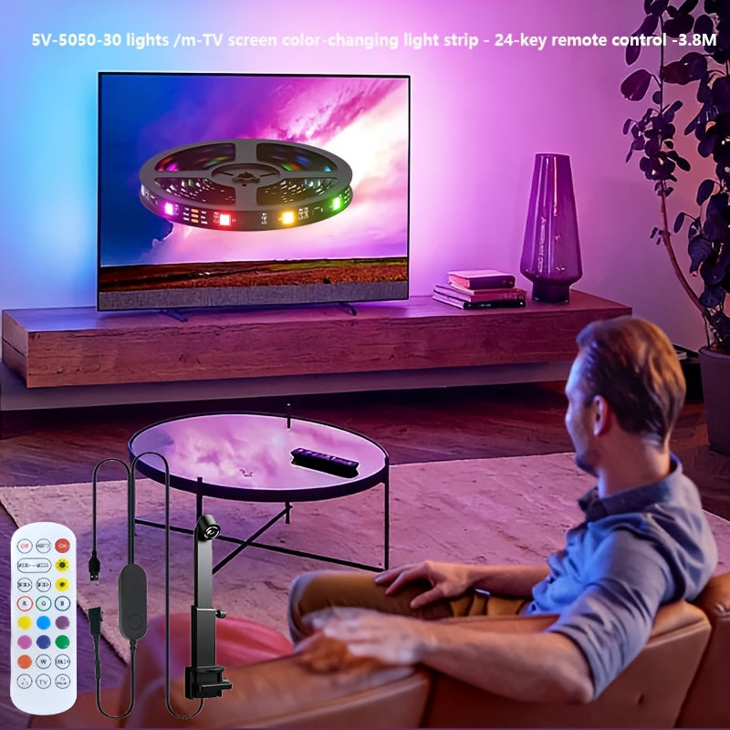 150inch USB智能LED灯带，带摄像头，适用于屏幕电视，电脑、大屏智能氛围灯带，舞台智能灯带，拾取屏幕色彩，LED条形灯与屏幕和音乐同步，遥控+线控