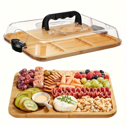 1pc Cheese Tray with Clear Acrylic Lid – Portable Charcuterie Board for Camping, Parties, Restaurants | Serving Tray for Holiday Appetizers, Deli & Snacks – Reversible as Cutting Board – Party Snack Organizer, Secure Snap-On Lid