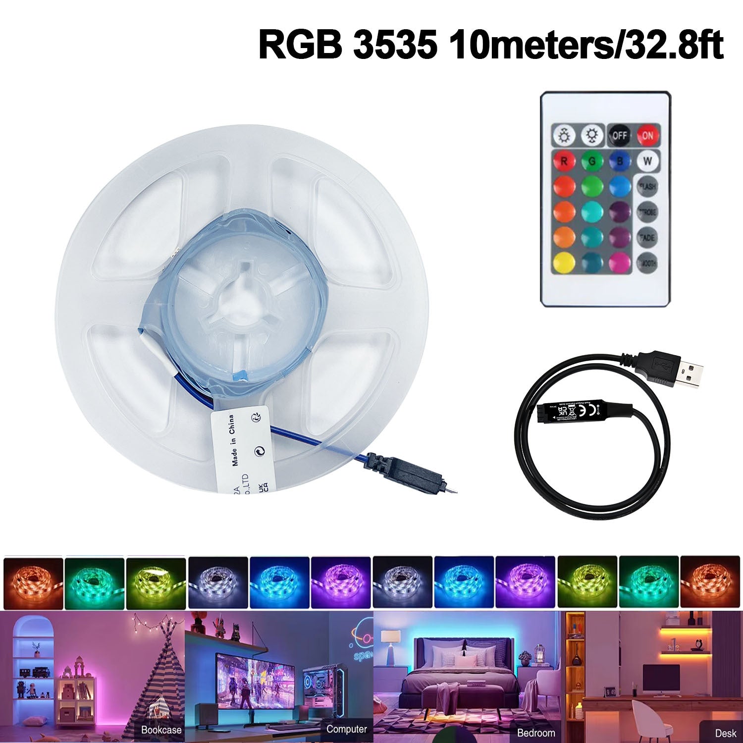 USB RGB LED电视背光灯套装，3535贴片柔性灯带配24键遥控器，可调光氛围灯，适用于32-65英寸电视及电脑显示器，自带背胶易于安装