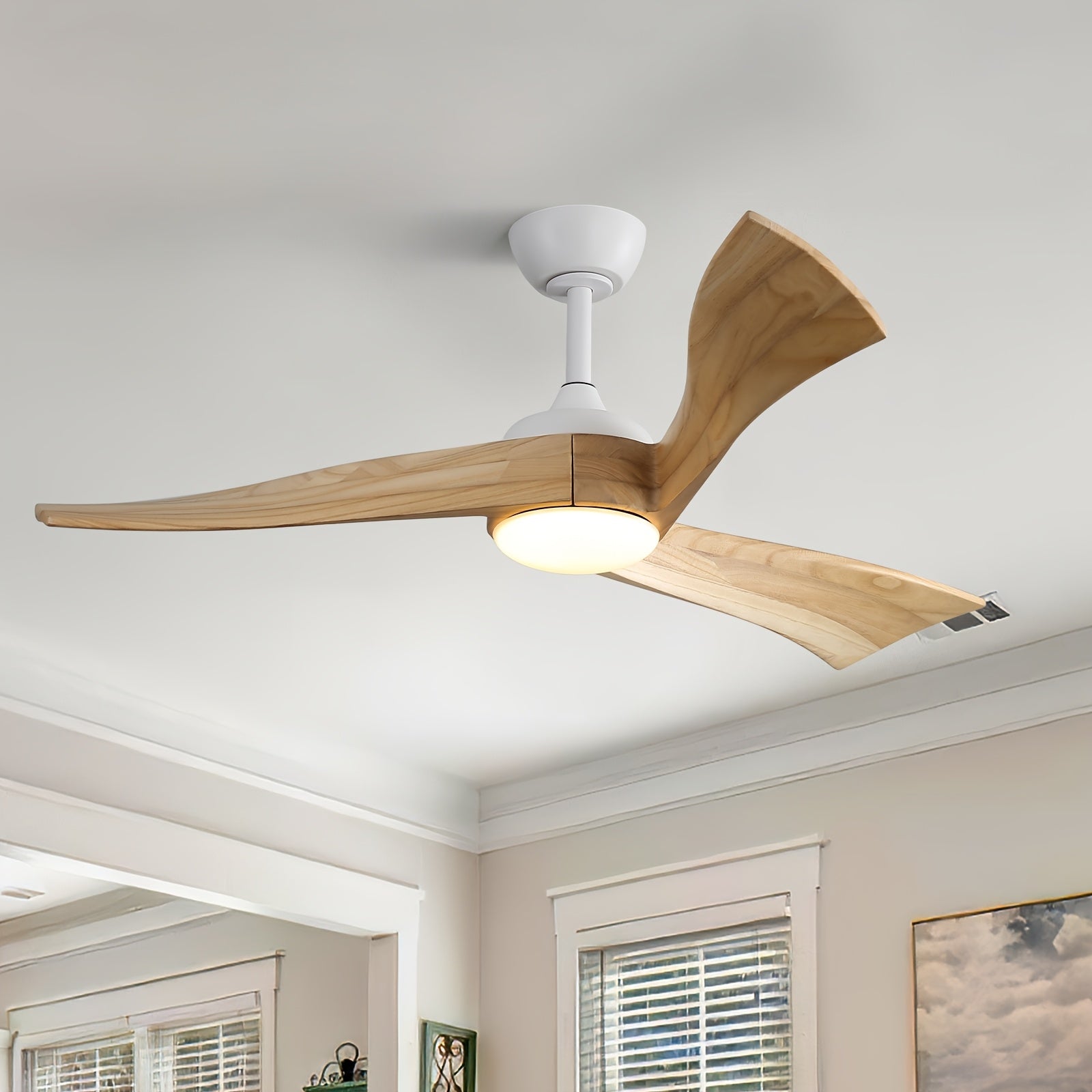 Sofucor 52 Inch Large Modern Ceiling Fan with Light, Smart Remote Control Ceiling Fan, 3 Solid Wood Blades, Reversible DC Motor, 6 Speed Settings, 1/4/8 Hour Timer, LED Lighting