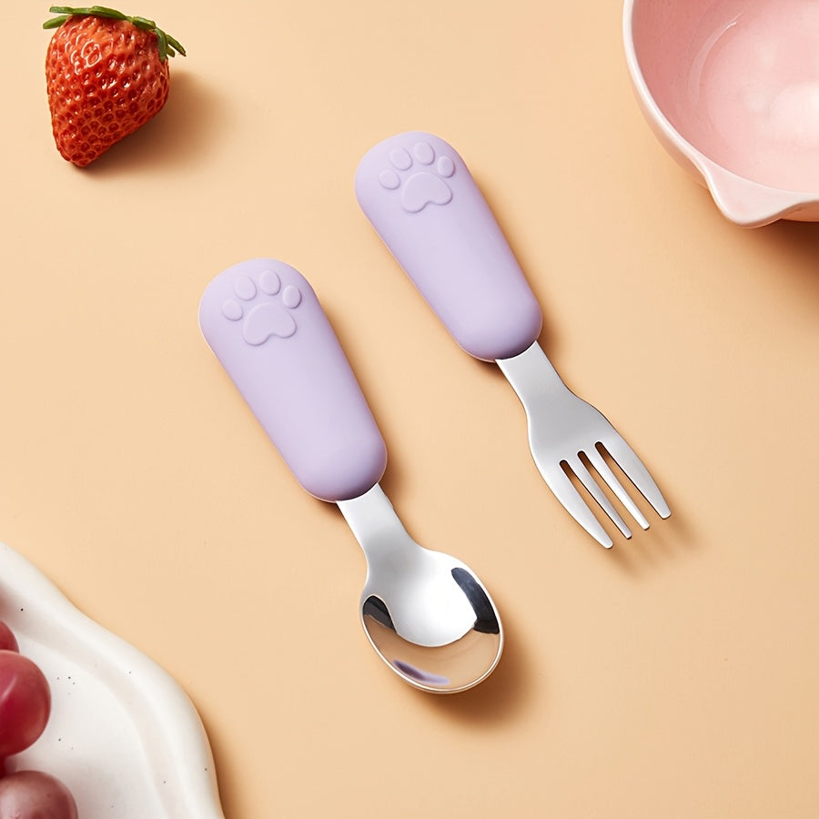 1/2 Set Bear Paw Shape Children's Short Handle Fork & Spoon Set – 304 Stainless Steel Non-Slip Grip | Baby & Toddler Self-Feeding Training Cutlery, Learning Meal Training Utensils