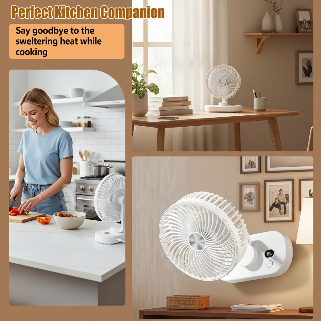 USB Rechargeable Desktop Fan, Portable Wall Mounted Air Circulator, 5 Speed Levels, 360° Adjustable Angle, LED Smart Display, Dual Use Desktop & Wall Mount, Quiet Circulation Fan Essential for Home Office Kitchen Outdoor