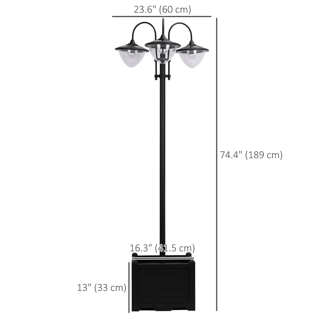 3-Head LED Solar Lamp Post Street Light with Planter, Solar Lamp Post, Black
