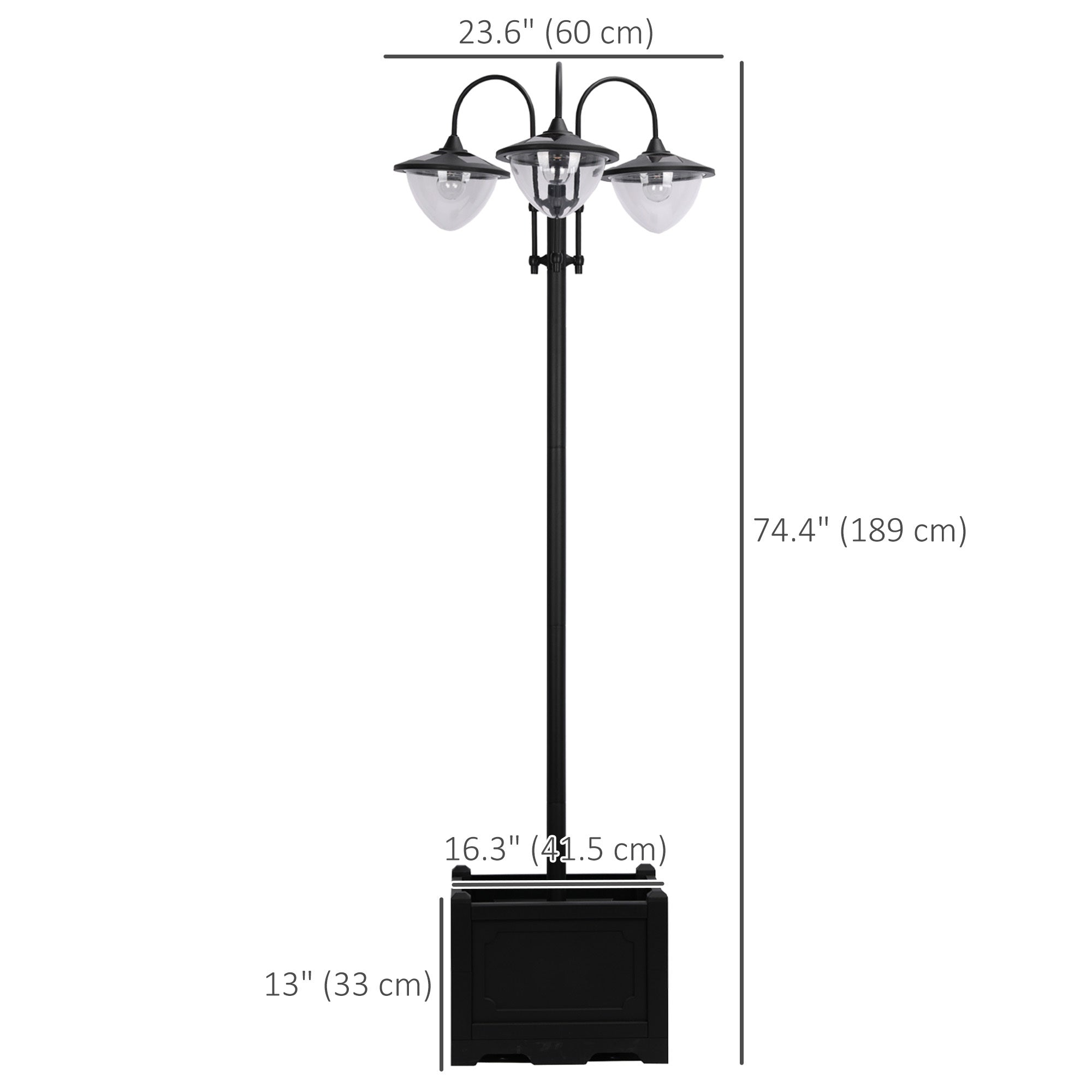 3-Head LED Solar Lamp Post Street Light with Planter, Solar Lamp Post, Black