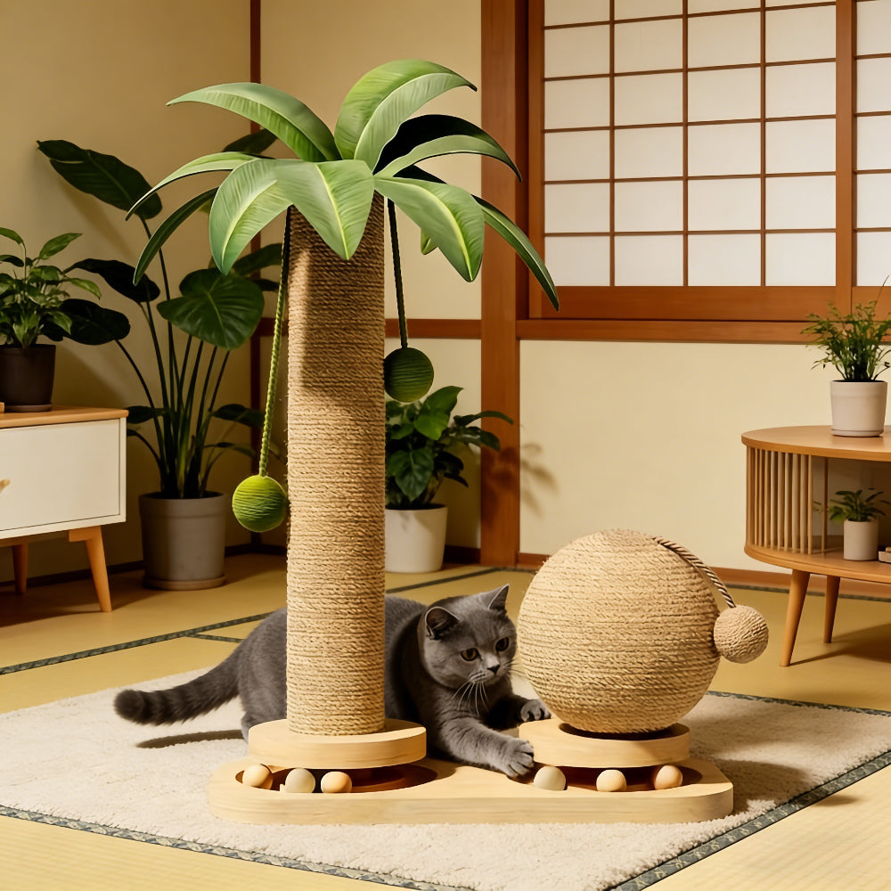 椰子树实木猫咪旋转抓挠柱，带猫咪诱导棒，耐用猫抓板和剑麻猫爬架