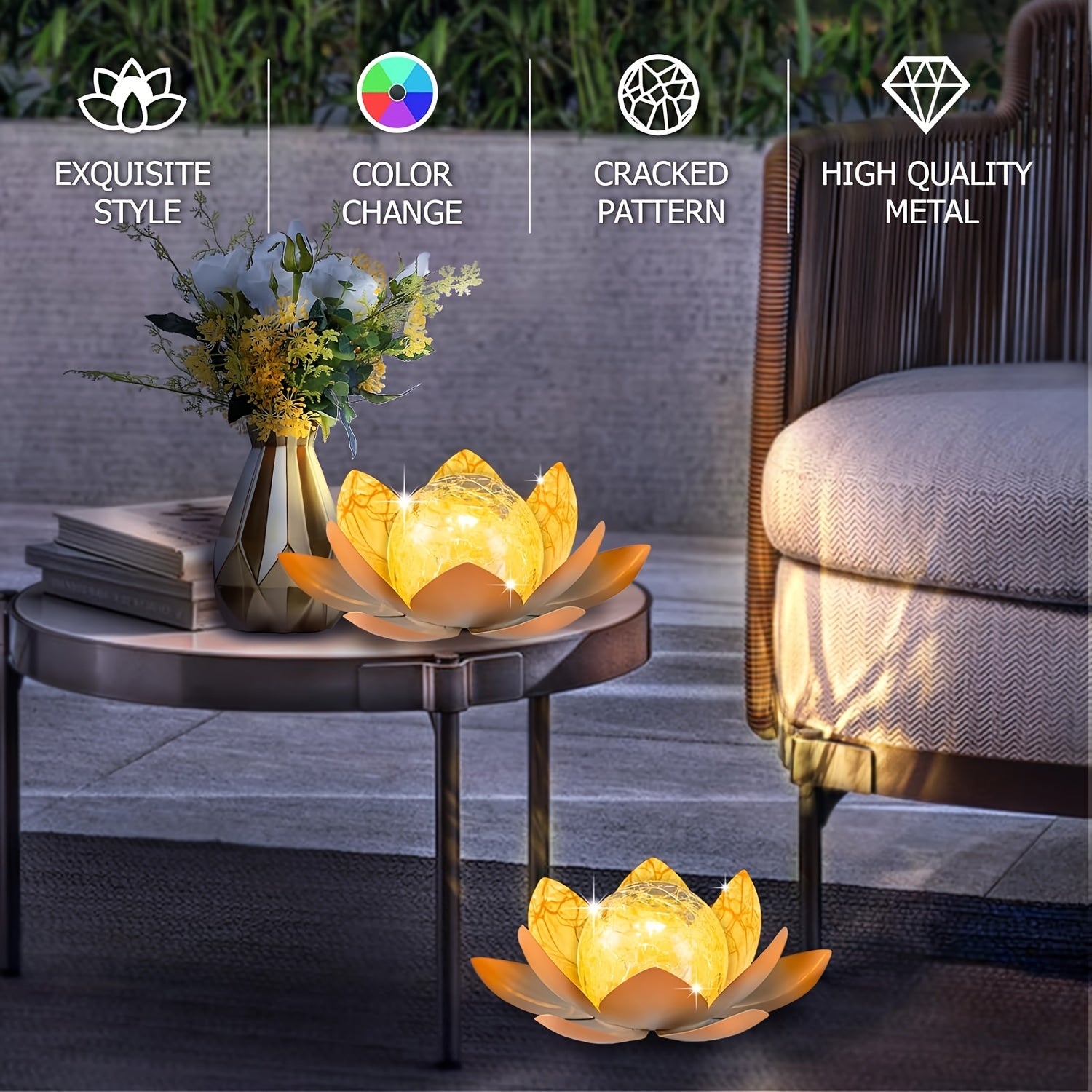 2 Pack Outdoor Solar Pink Lotus Light, Wrought Iron Garden Decoration, LED Light with Cracked Glass Ball, IPX4 Waterproof Rating, Perfect for Patio, Lawn, Terrace, Tabletop, Gift for Mom