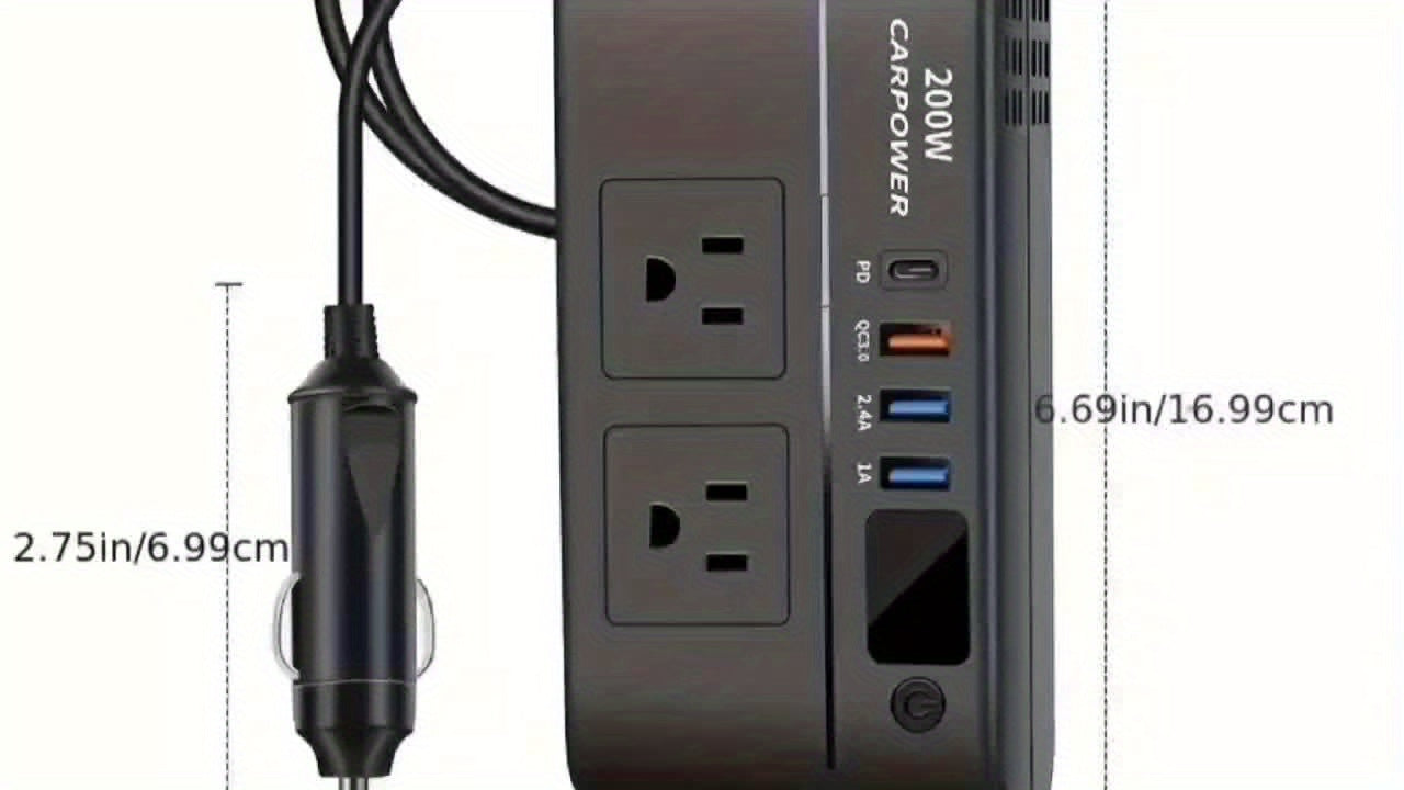 200瓦汽车电源逆变器，DC 12V转AC 110V车载充电适配器带开关和电流LED显示屏，3个USB接口+1个Type-C端口，适用于轿车、SUV及卡车（黑色）