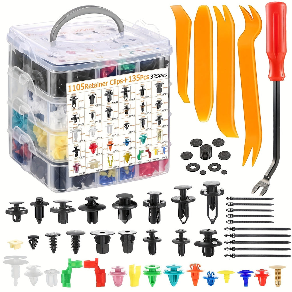 1240-Piece Automotive Push Retainer Clips & Fasteners Assortment – 1105 Push-Type Retainers, 32 Sizes of Fastener Clips, 10 Cable Ties & Fastener Removal Tool – Auto Repair Kit for Hood, Bumper & More