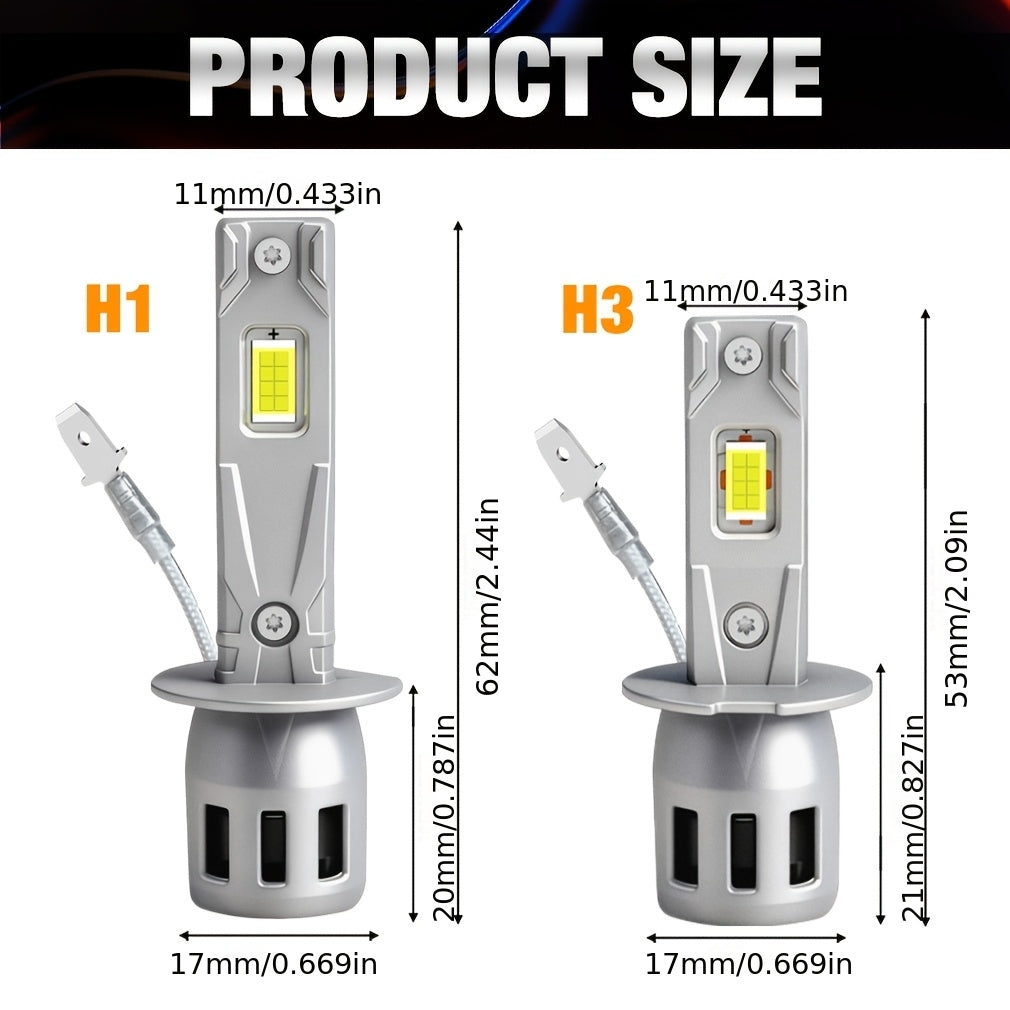 LED H1 H3 Headlight Bulbs 6000K White H1 Fog Light Bulb 1:1 Mini Size 2-Pack with Fan
