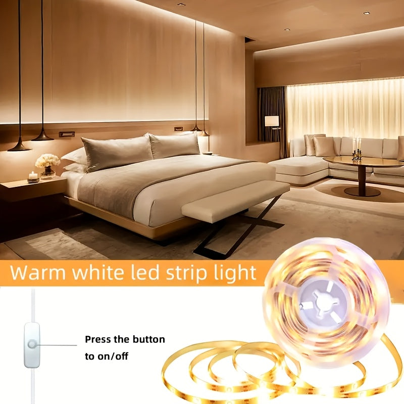 LED燈條 暖光含開關 – 5V USB供電 高亮度柔和燈光，適用於梳妝台鏡子、電視背光、裝飾、居家氛圍和派對活動