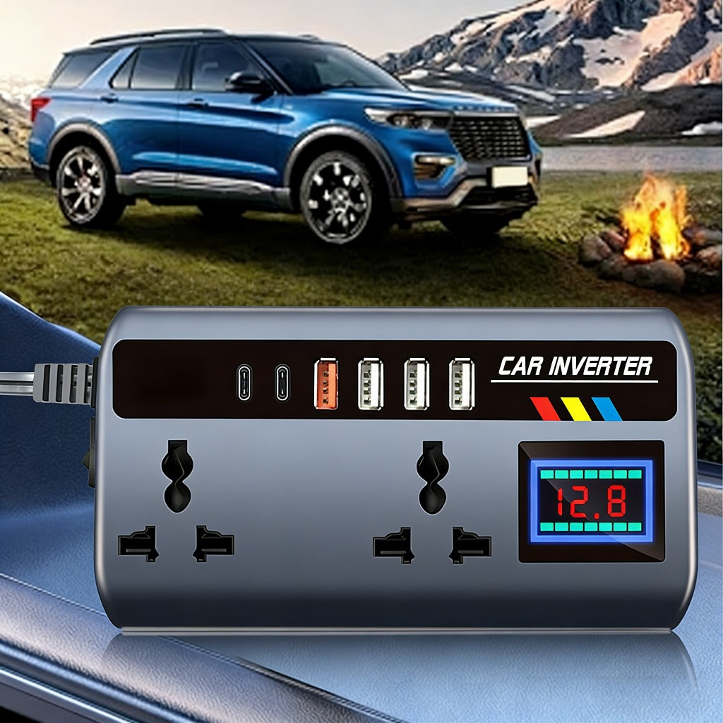 200W车载逆变器，直流12V/24V转交流110V/220V汽车电源转换器，配备4个USB接口+2个Type-C接口、2个通用输出插座，带智能显示屏，是轿车、房车及卡车的必备品