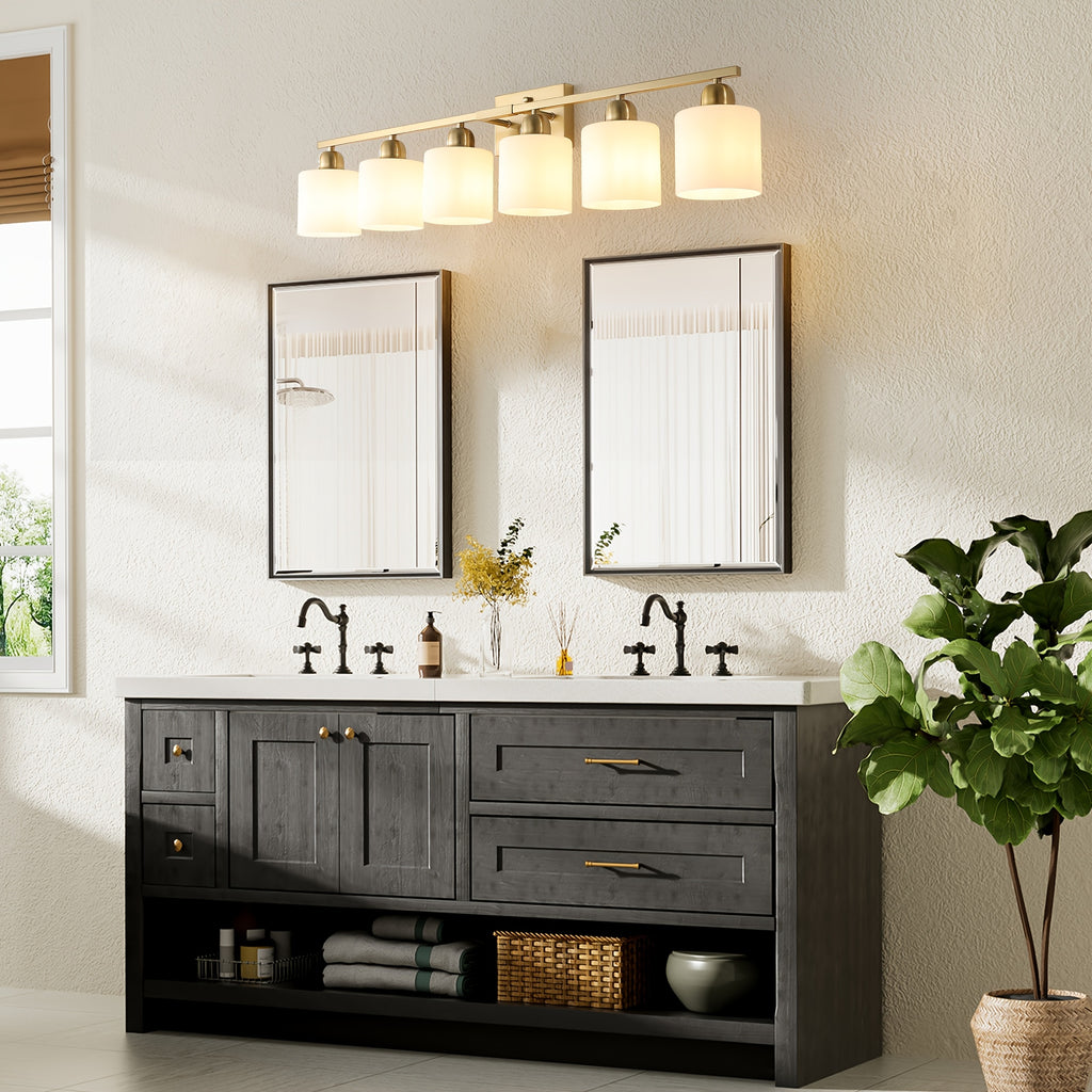 38-Inch 6-Light Bathroom Mirror Light Fixture (Copper), Stylish Modern Bathroom Wall Light, Wall-Mounted Lighting with Metal Frame and White Jade Glass Shade, Perfect for Mirror, Bedroom, Living Room and Hallway (E26 Bulb Base, Bulb Not Included)