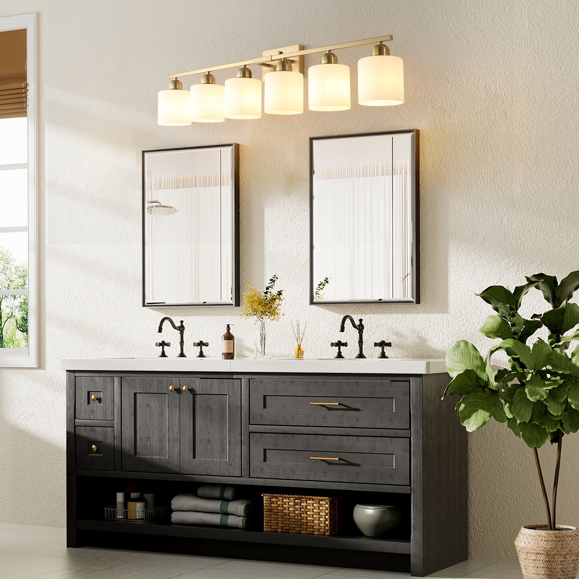38-Inch 6-Light Bathroom Mirror Light Fixture (Copper), Stylish Modern Bathroom Wall Light, Wall-Mounted Lighting with Metal Frame and White Jade Glass Shade, Perfect for Mirror, Bedroom, Living Room and Hallway (E26 Bulb Base, Bulb Not Included)
