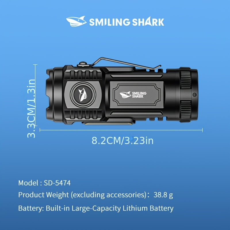 1pc Smiling Shark New Mini Portable LED Flashlight, Clip-On Work Light, Type-C Rechargeable Pocket Spotlight, Handheld Mini Lamp for Daily Commute Repair Camping Emergency Outdoor Activities