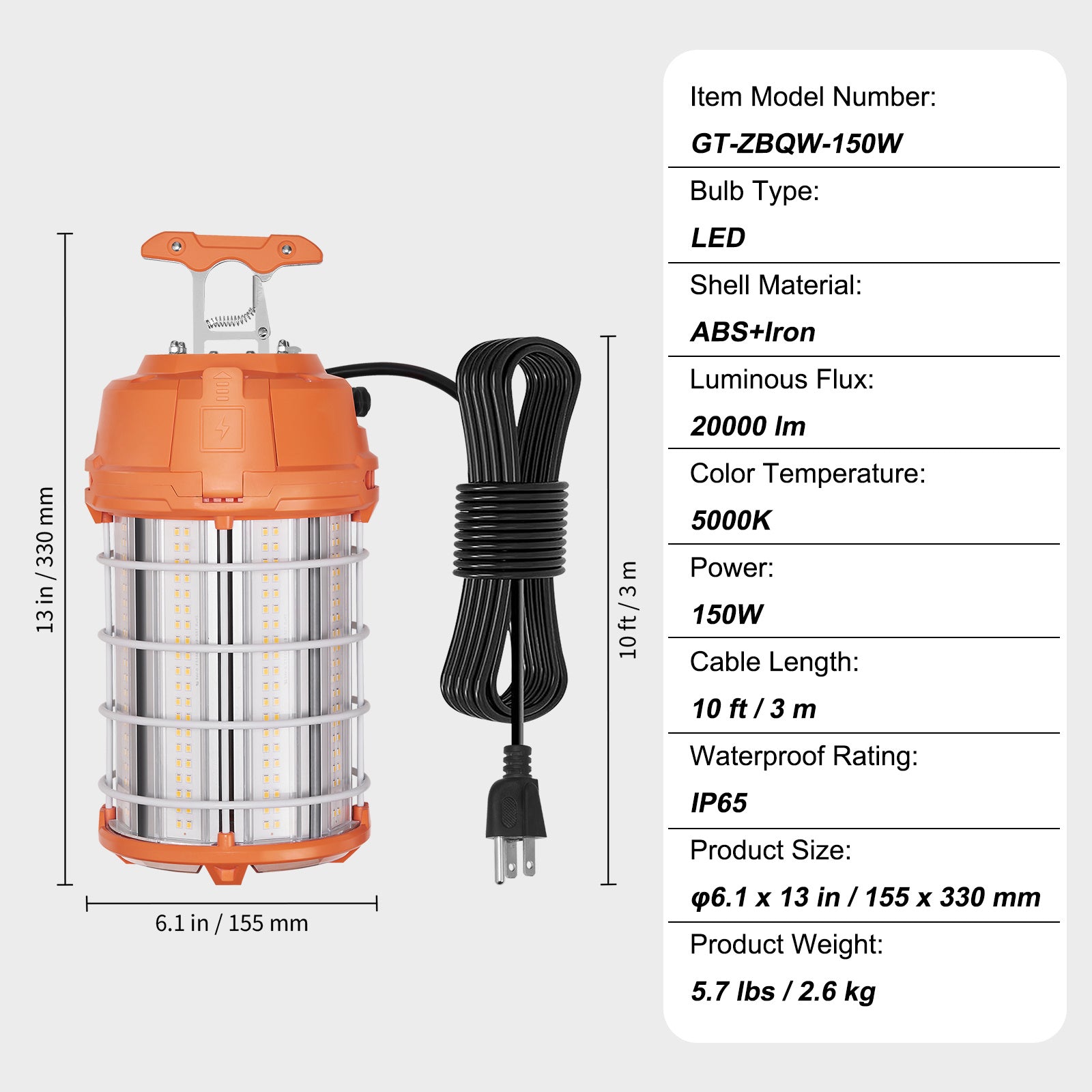 VEVOR LED Temporary Work Light, 150W, 20000lm Construction Light, 5000K Portable Ultra-Bright Waterproof Daisy Chain Up to 6 Lights, Hanging Job Site Light Indoor and Outdoor Lighting