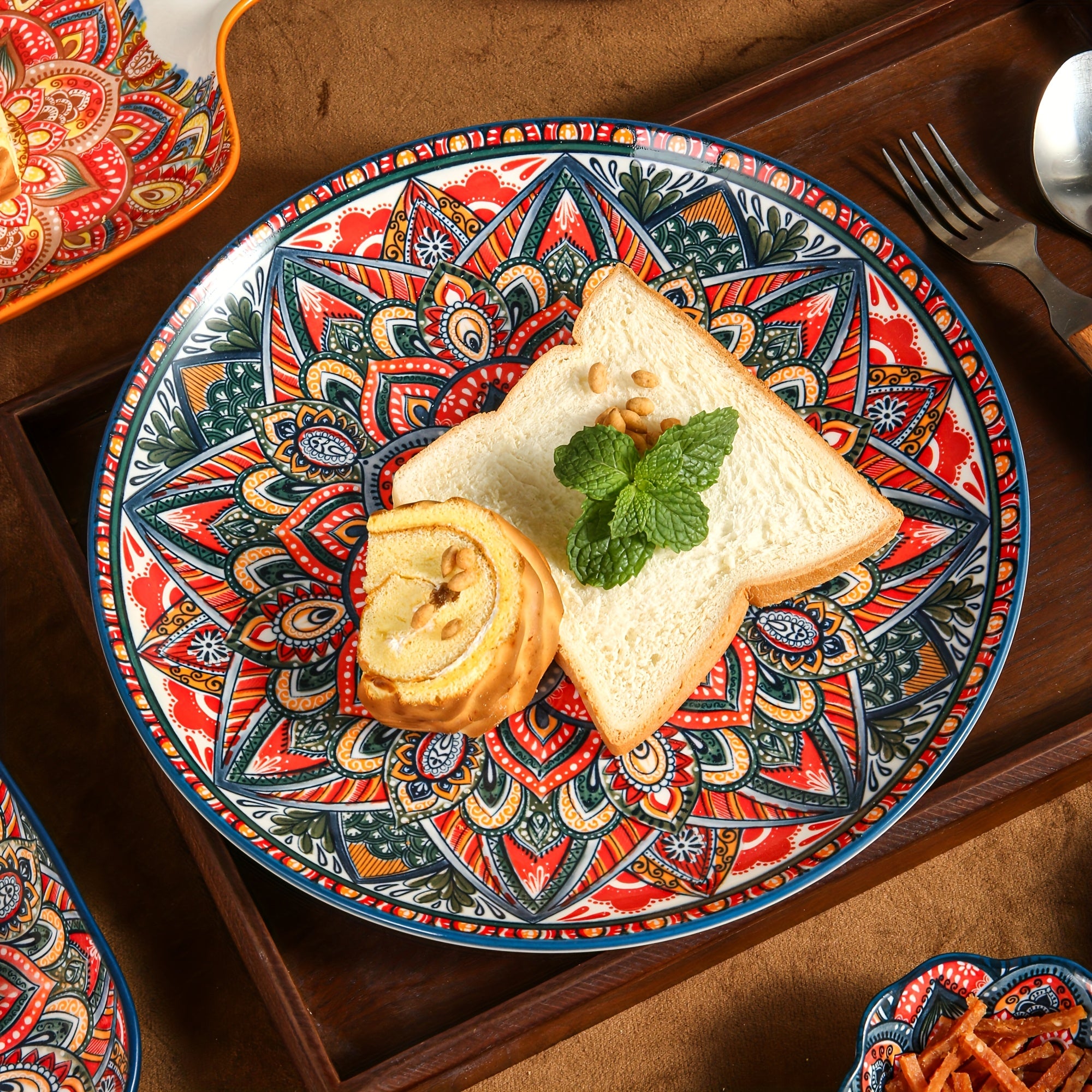 10.5-Inch Ceramic Plates, Home & Restaurant Ceramic Dinnerware – Perfect for Steak, Pasta, Fruit, Bread – Bohemian Style Ceramic Dinnerware Set – Microwave & Oven Safe