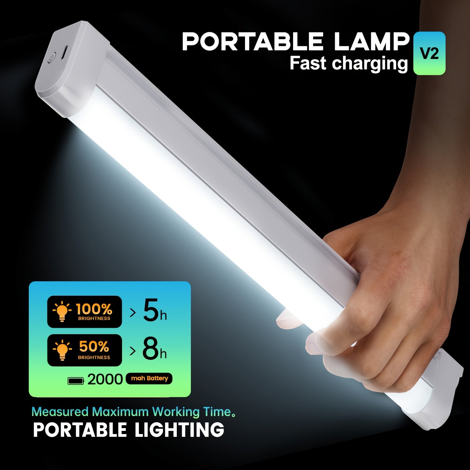 Portable LED emergency tube light (with hook), supports USB charging and multiple dimming modes, can be hung or handheld, suitable for power outage emergencies, camping, night repairs, dormitory lighting