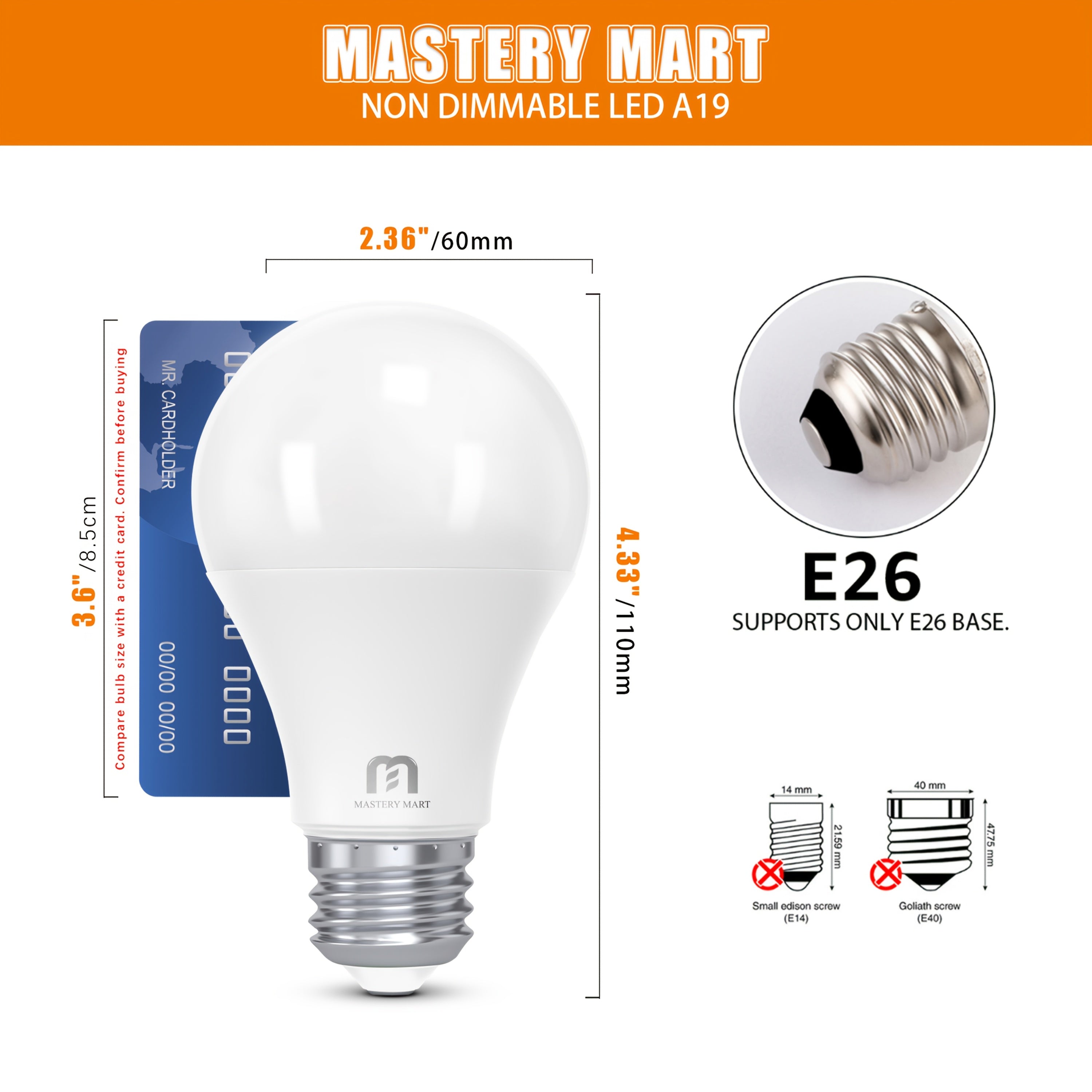 24个装A19 [60瓦] LED灯泡，E26底座，2700K柔和白光，800流明，CRI 80+，不可调光，适合办公室，9瓦 [相当于60瓦]- MASTERY MART