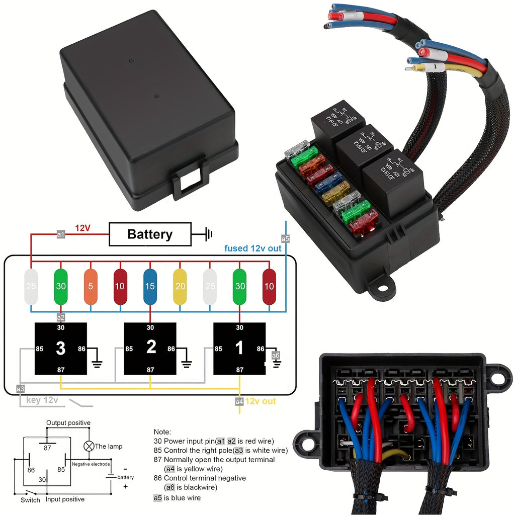Pre-Wired Fuse Relay Box, 2/3/4/6 Way 4-Pin 40A Relay Block Kit, Suitable for Car Truck Boat JEEP