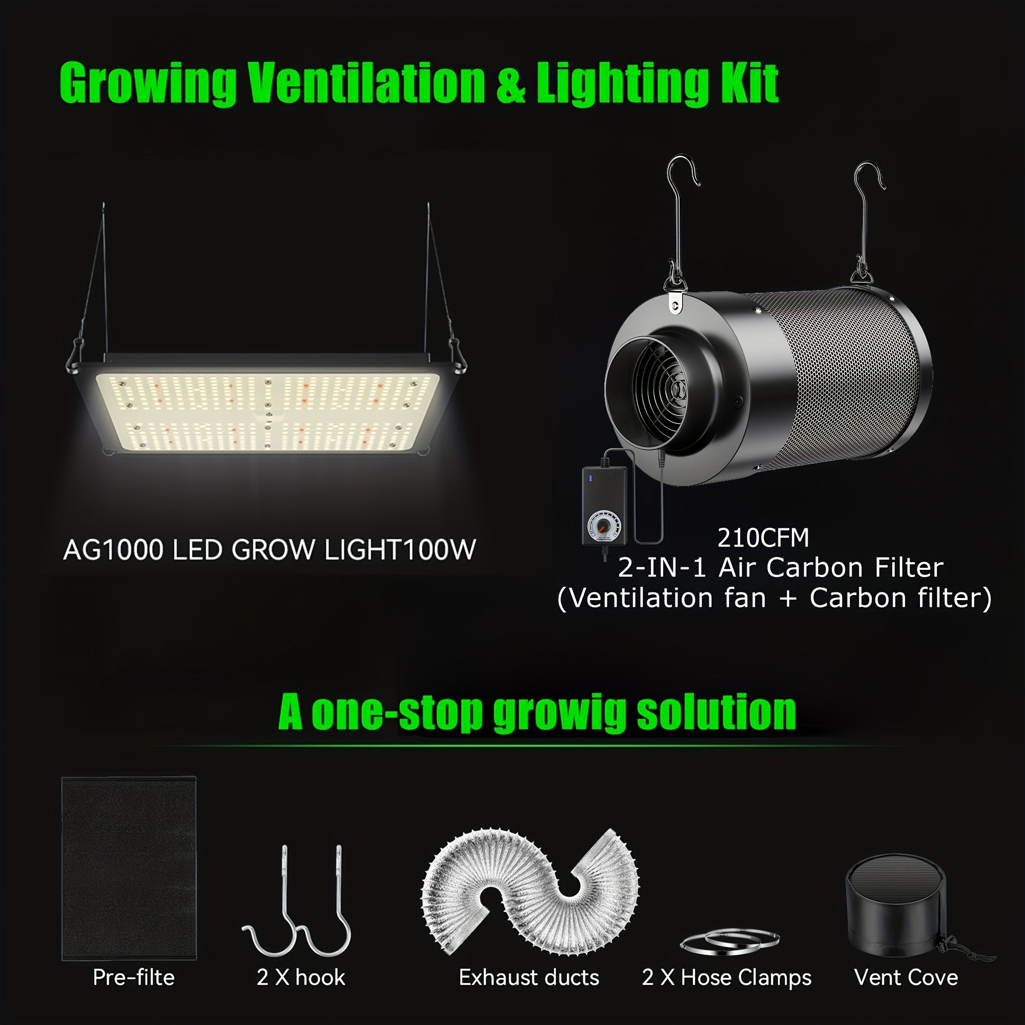 En: ALPHAGROW Ventilation & Lighting Kit: AG1000 Full Spectrum LED Grow Light | Dimmable & High Efficiency, for 2x2/3x3/4x2/4x4 Grow Tents, Includes 6" Fan Filter & 8ft Ducting with Speed Controller