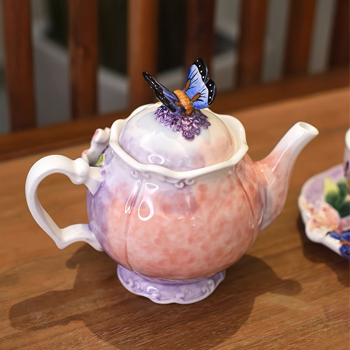 Christmas Gift, Jane Eyre Series Lily & Butterfly Teapot, Exquisite Relief Craftsmanship, Vibrant Colors, 13.53oz