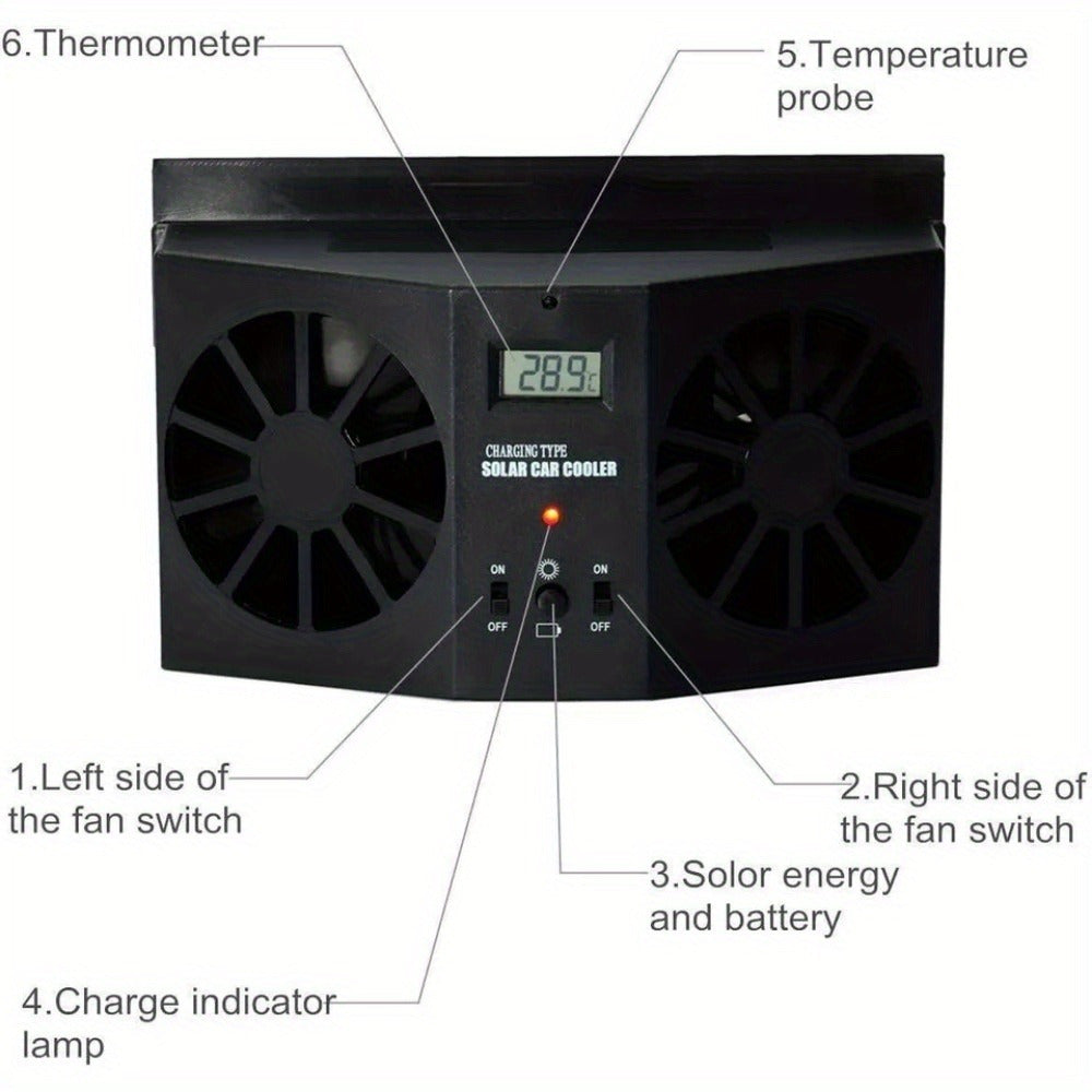 Solar Powered Universal Car Window Fan, Odor Eliminator (Black)