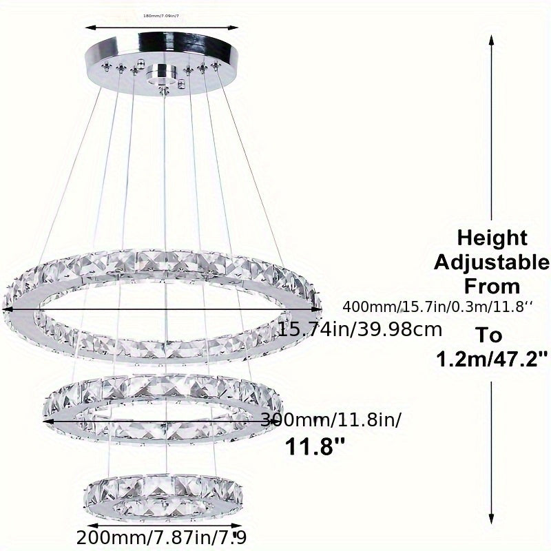 Crystal Chandelier LED Square Ring Pendant Light, Height-Adjustable Chandelier Lamp (Cool White)