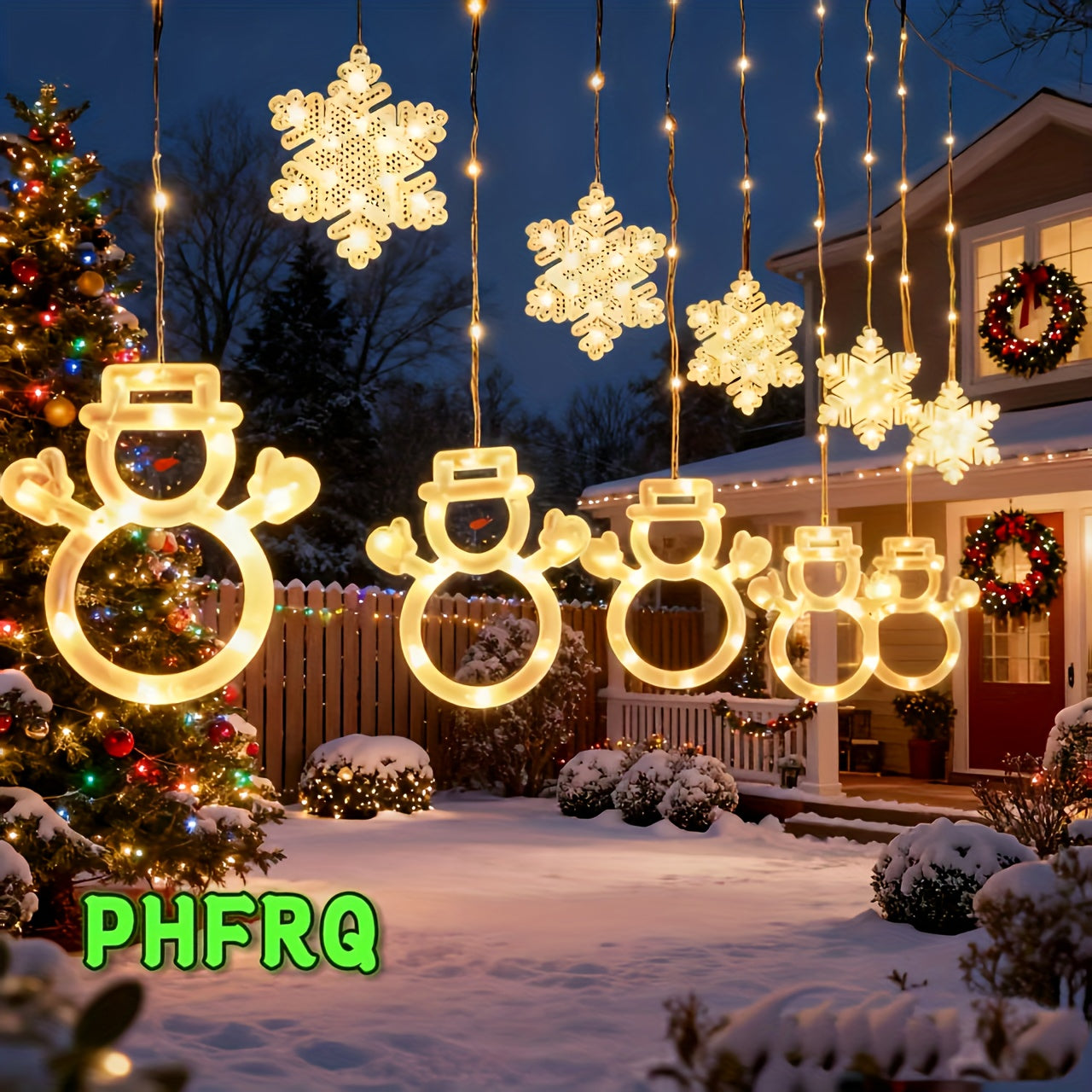 PHFRQ - 8种模式，DIY圣诞灯串LED圣诞灯-LED圣诞跨帘灯·圣诞装饰、户外节日装饰品、节日礼物、派对装饰必备-发光圣诞雪人雪花挂饰-圣诞氛围庭院户外窗户装饰吊坠-USB插电，暖光，彩光