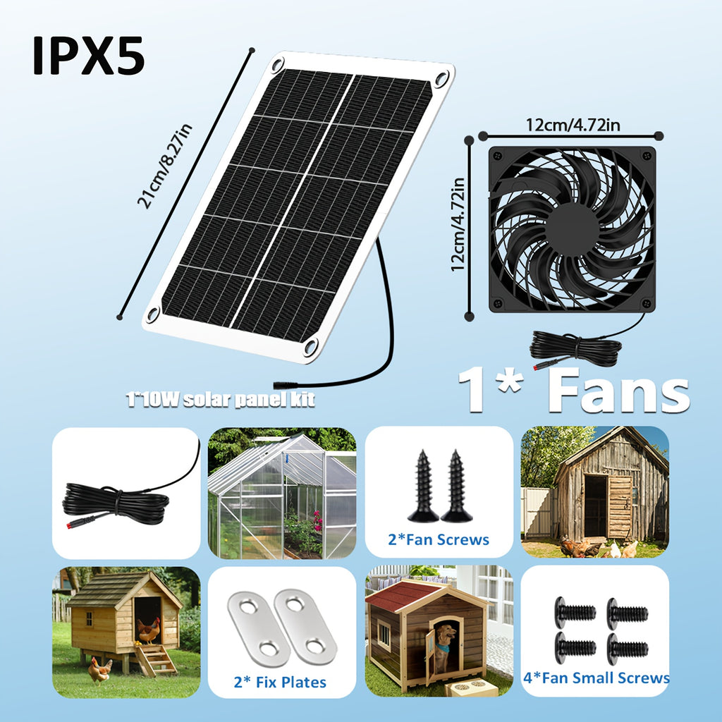 10W Solar Panel Fan Set, Built-in DC Fan, Suitable for Small Chicken Coop, Greenhouse, Shed, Pet House and Window Exhaust System