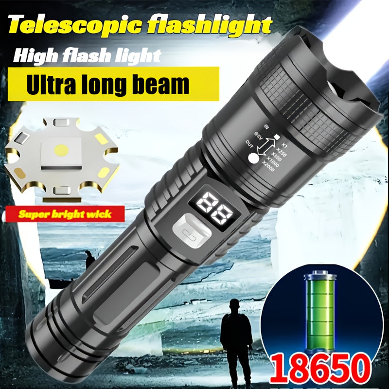 P900 LED Tactical Flashlight IP44, High Brightness Zoom Flashlight 800mAh Rechargeable Battery USB Charging Adjustable Beam Camping Outdoor Emergency Outdoor Gear Durable Structure