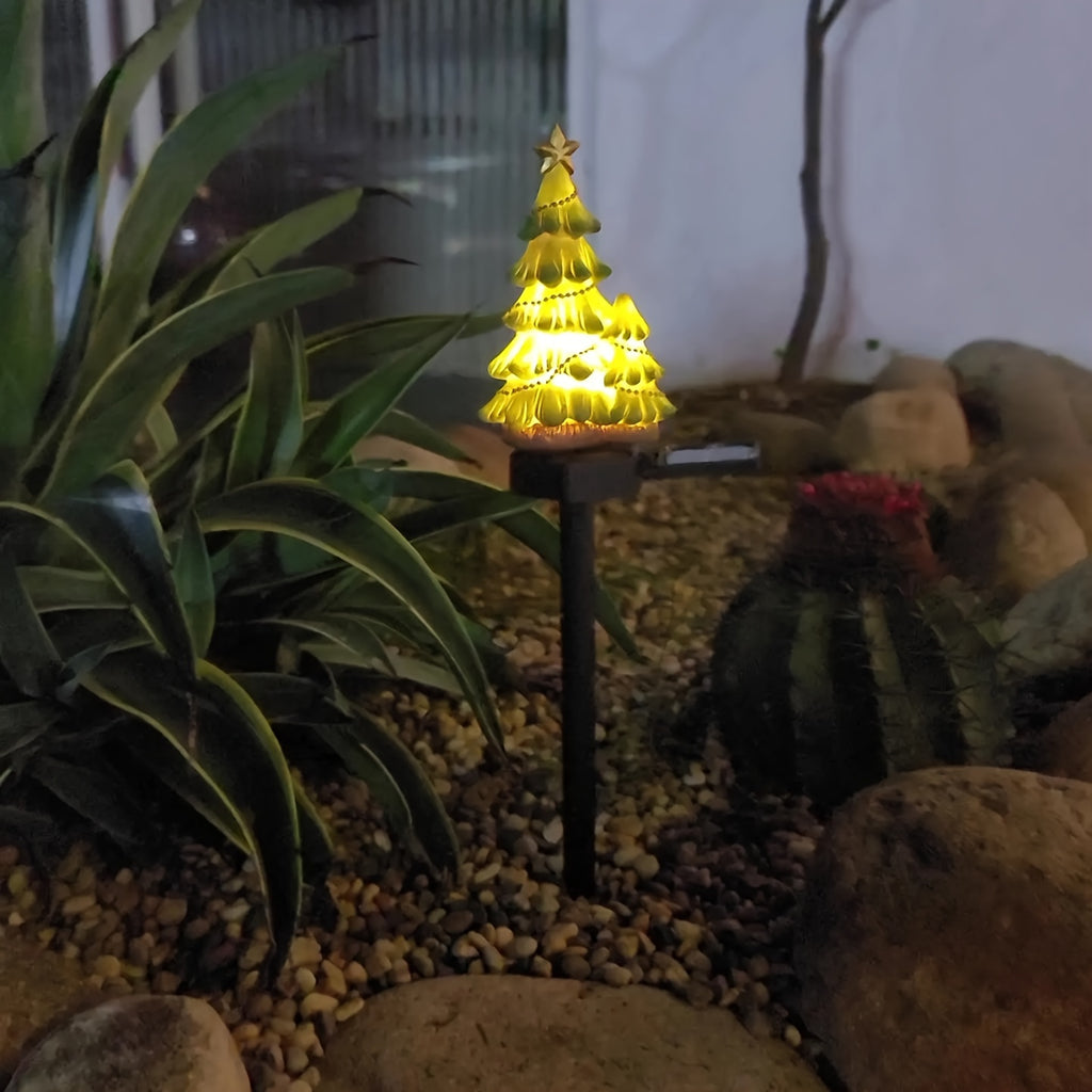 太阳能圣诞树灯树脂工艺品LED户外照明装饰景观灯太阳能花园灯草坪灯用于庭院花园路径草坪节日装饰圣诞节