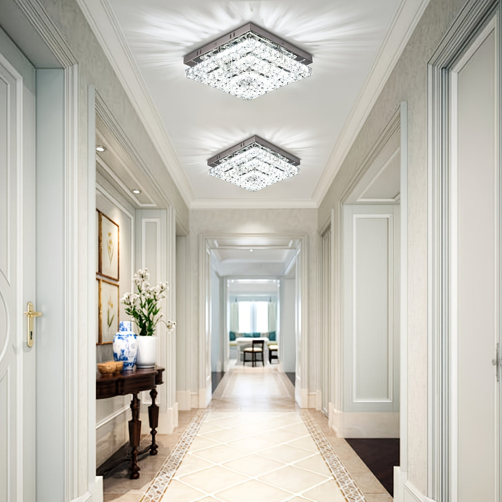 11.8" Elegant Crystal Chandelier LED Crystal Ceiling Light Modern Square Fixture, Suitable for Bedroom, Hallway, Kitchen and Office (6500K Cool White Light), Remote Control Not Included