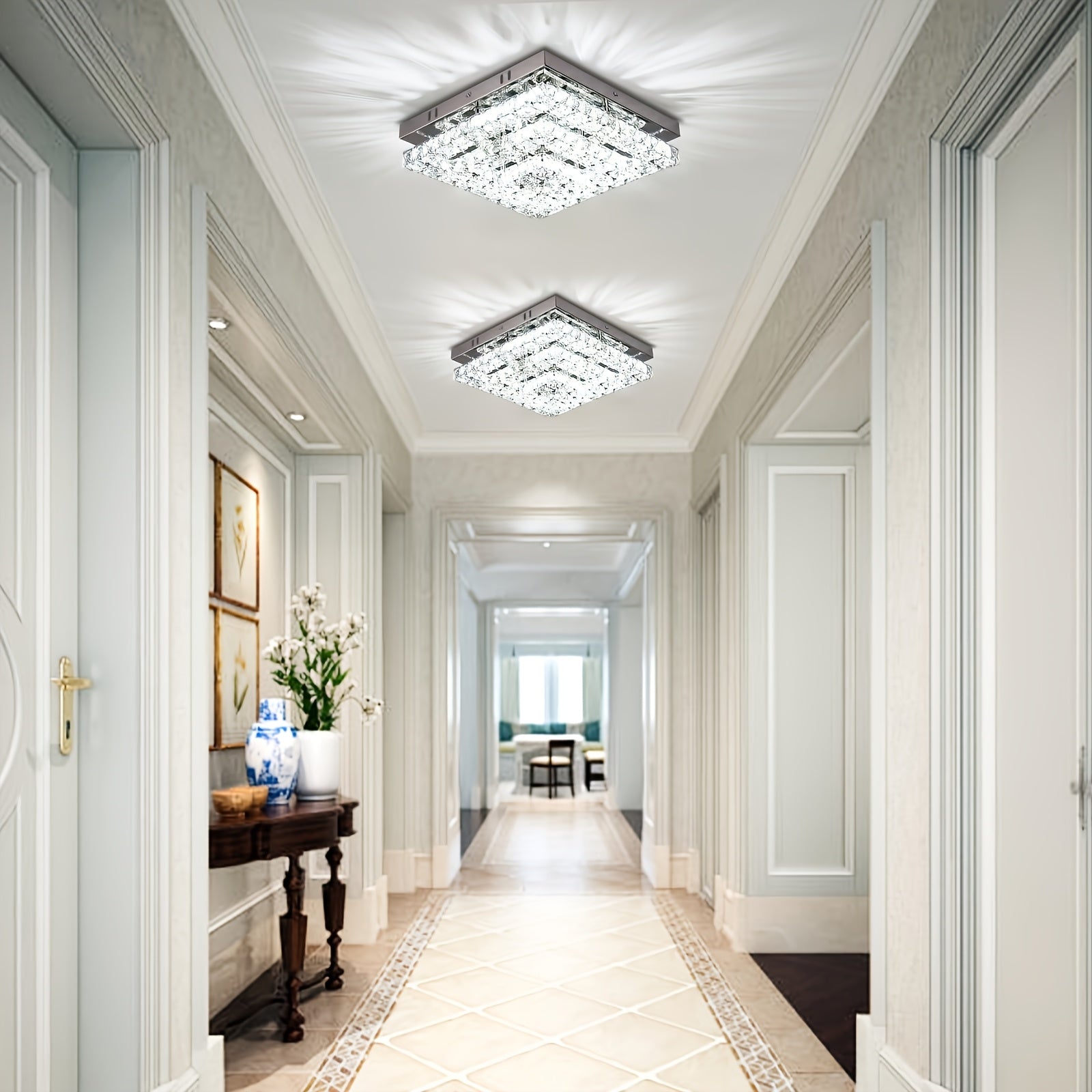 11.8" Elegant Crystal Chandelier LED Crystal Ceiling Light Modern Square Fixture, Suitable for Bedroom, Hallway, Kitchen and Office (6500K Cool White Light), Remote Control Not Included