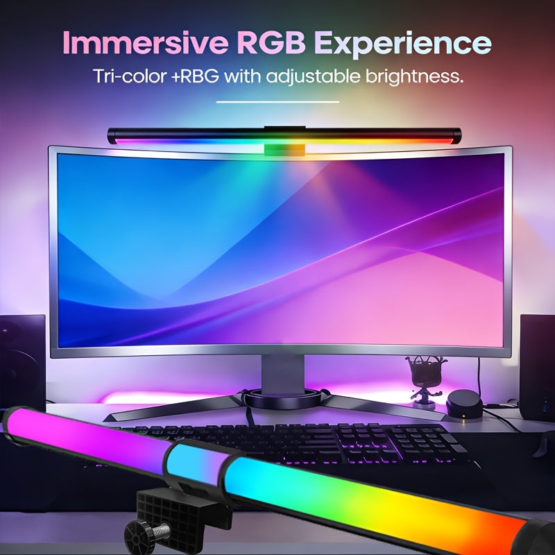 RGBW dual-sided screen light, computer screen ambiance light, indoor lighting tube, desk lamp, three-color adjustable, RGB幻彩, five-button USB wired control, 45-degree adjustable angle, computer light, eye-protection light, reading light