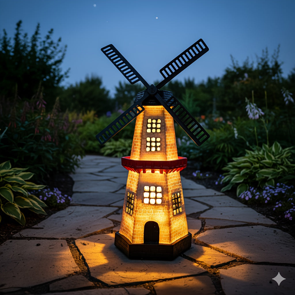 One Piece Windmill Lighthouse Statue Light, Solar Powered Glowing Lighthouse-Like Decorative Ornament with Windmill, Perfect for Outdoor Courtyard Patio Lawn Pathway Garden Tabletop Festival Decoration Ornament Christmas